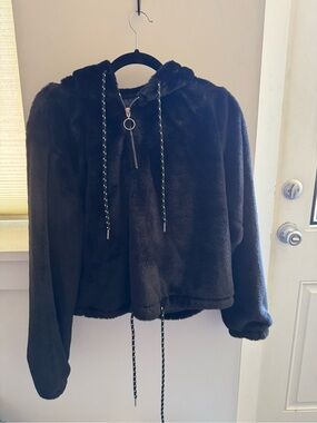 Black Faux Fur Teddy Hoodie with Ring Zip and Drawcords